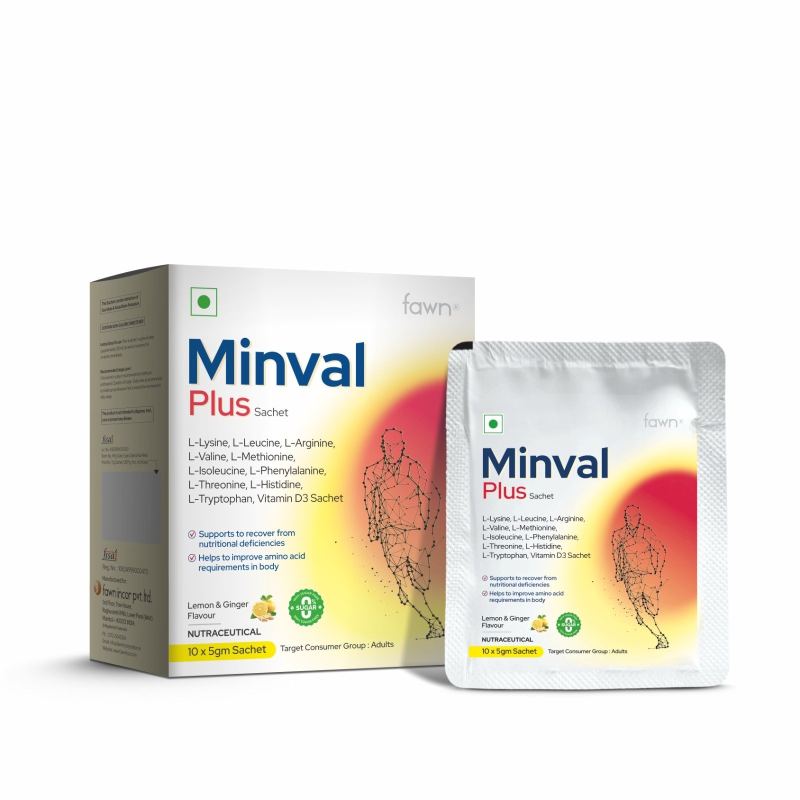 L-Lysine + L-Leucine + L-Arginine + L-Valine + L-Methionine + L-Isoleucine + L-Phenylalanine + L-Threonine + L-Histidine + L-Tryptophan & Vitamin D3 Sachet - MINVAL PLUS Sachet