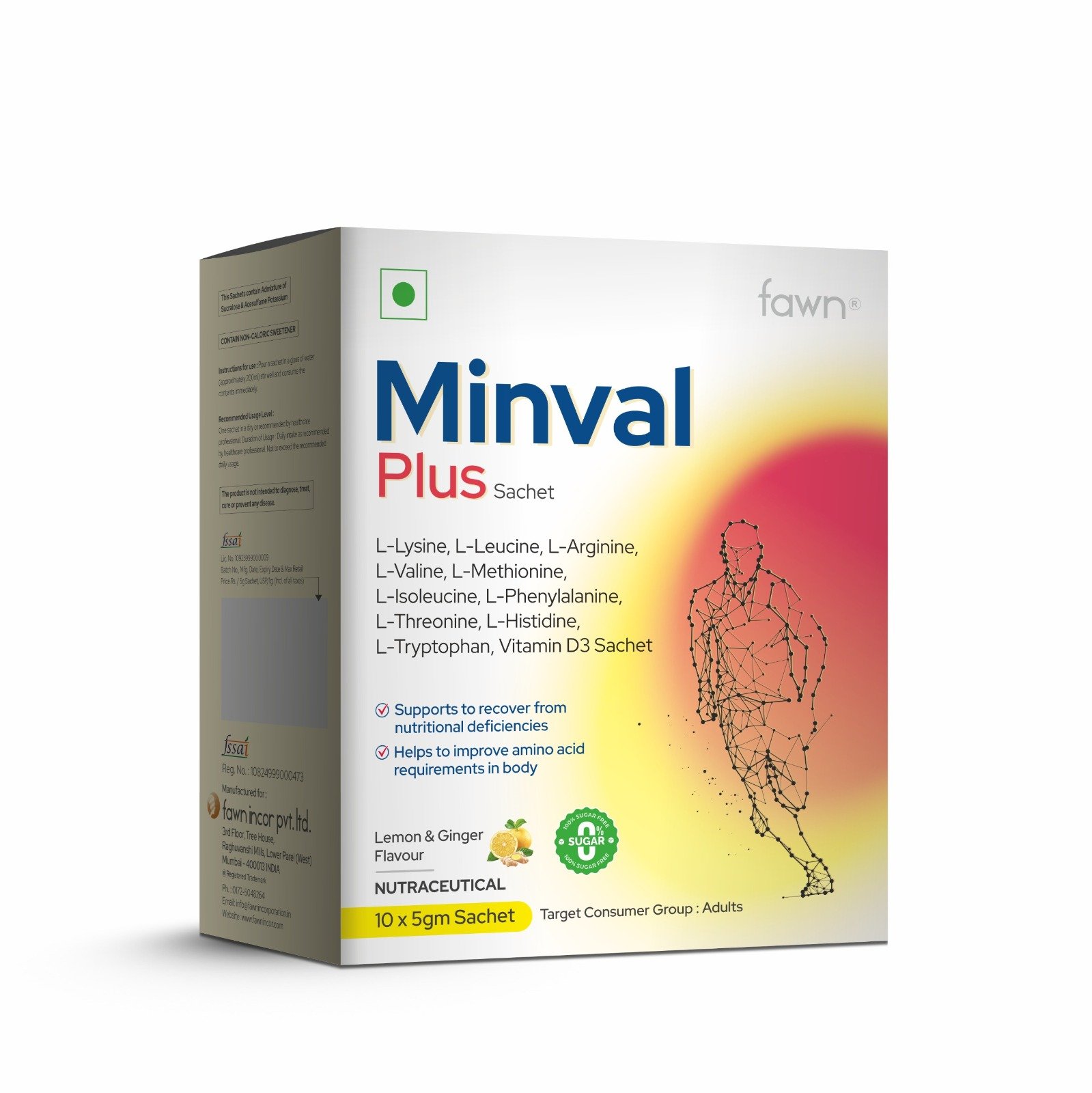 L-Lysine + L-Leucine + L-Arginine + L-Valine + L-Methionine + L-Isoleucine + L-Phenylalanine + L-Threonine + L-Histidine + L-Tryptophan & Vitamin D3 Sachet - MINVAL PLUS Sachet