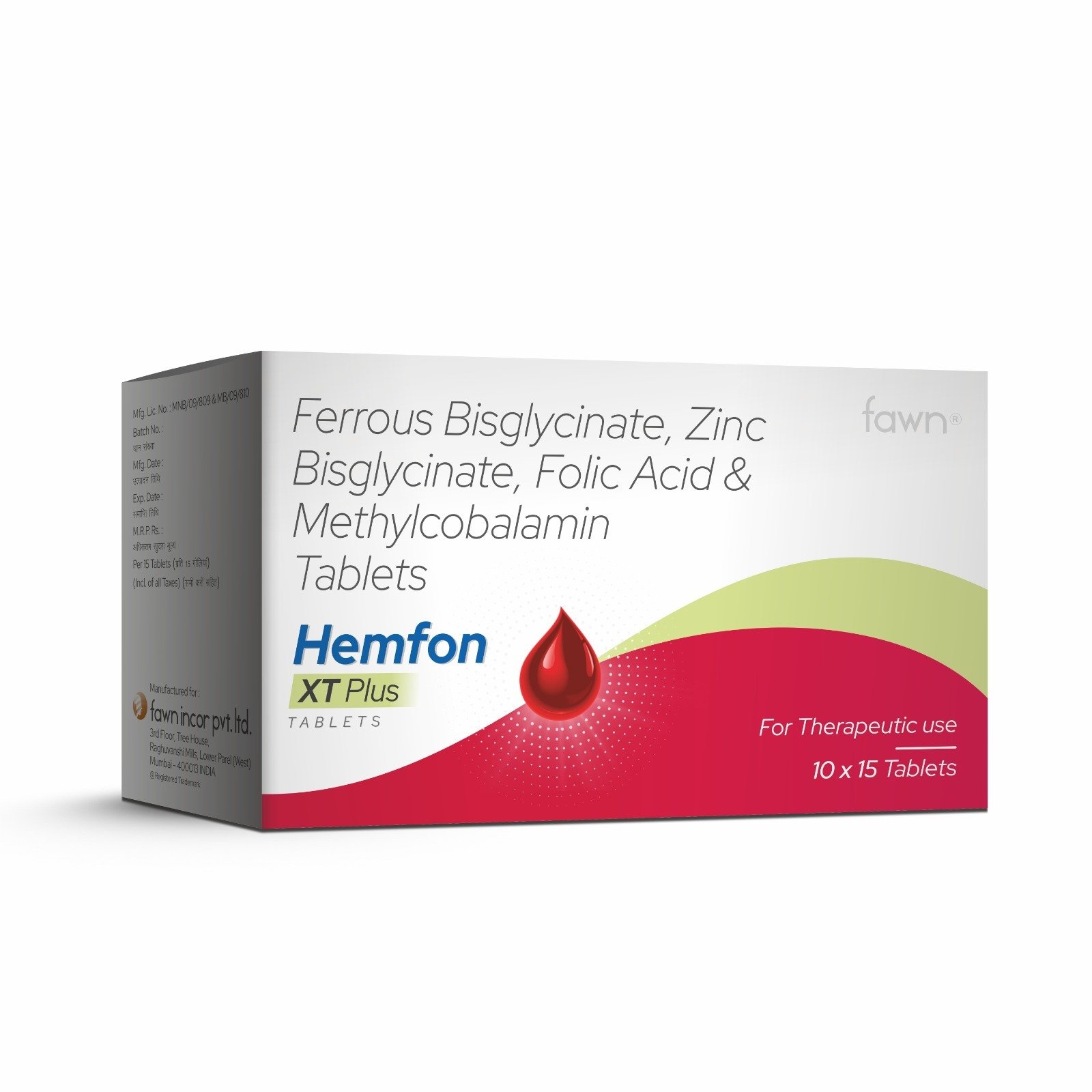 Ferrous Bisglycinate, Zinc Bisglycinate, Folic Acid & Methylcobalamin Tablets - HEMFON XT PLUS Tablets