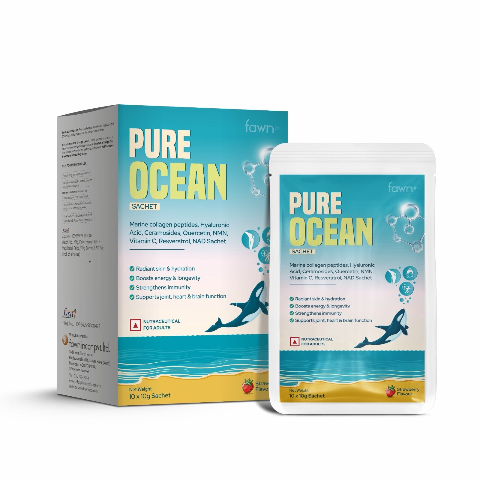 Marine Collagen Peptides, Hyaluronic Acid, Ceramosides, Quercetin, NMN, Vitamin C, Resveratrol & NAD Sachets - PURE OCEAN Sachet