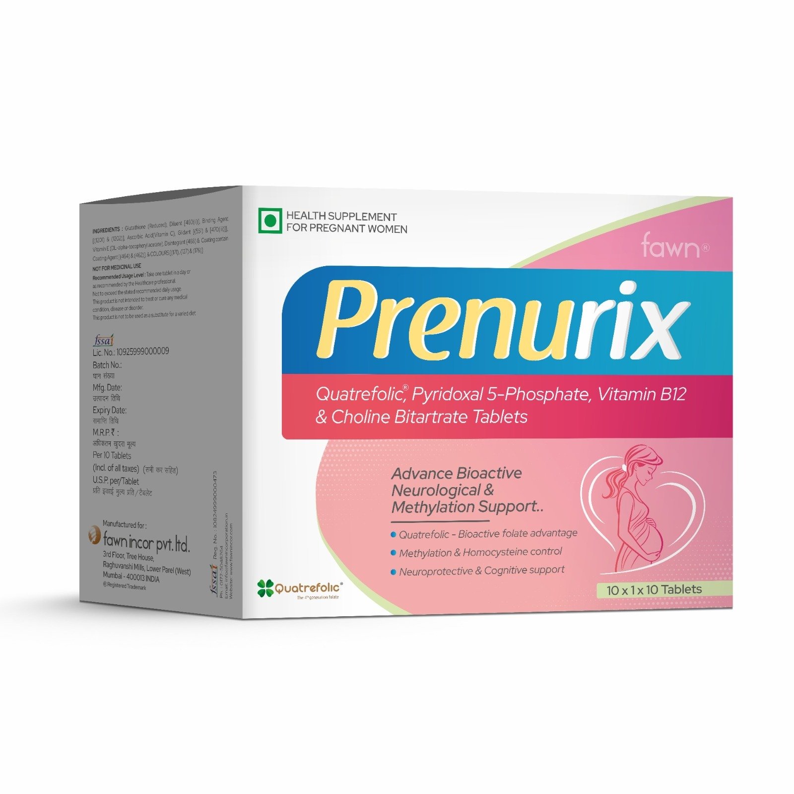 Quatrefolic Pyridoxal 5 Phosphate Vitamin B12 & Choline Bitartrate Tablets - PRENURIX Tablet