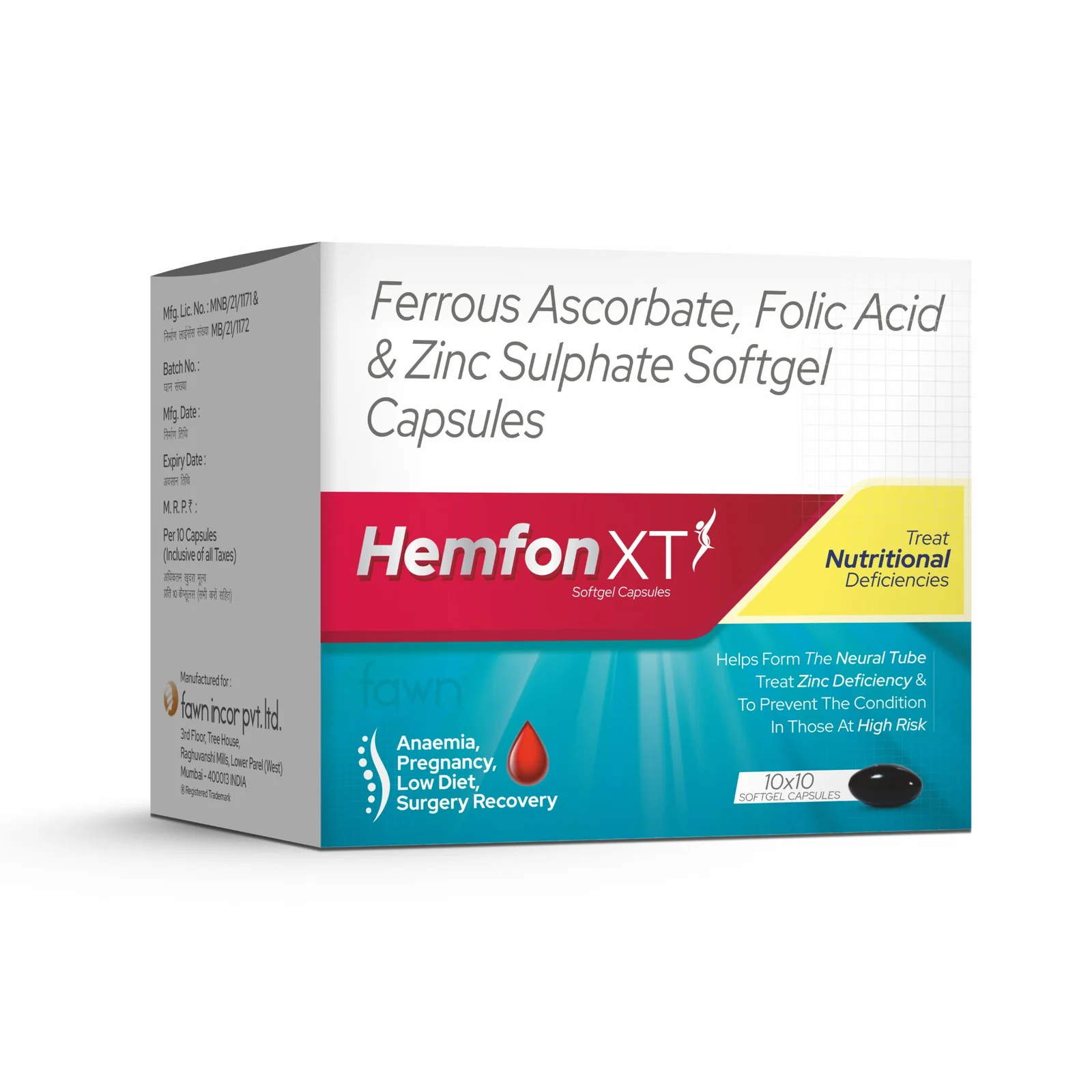 Ferrous Ascorbate, Folic Acid & Zinc Sulphate Softgel Capsules - HEMFON XT